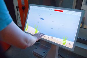Eine Hand vor einem Bildschirm, auf dem ein interaktives Spiel mit Pinguinen zu sehen ist. 